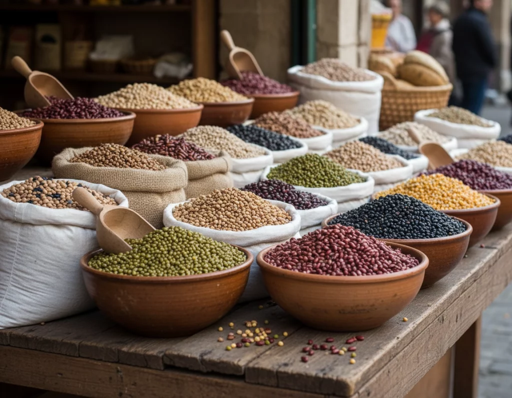 L&eacute;gumineuses vari&eacute;es en vrac sur un &eacute;tal de march&eacute;.