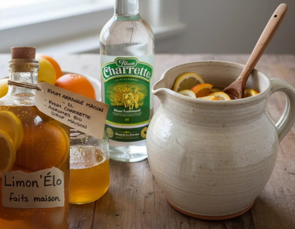 Rhum arrang&eacute; maison aux agrumes avec citron et orange sur table en bois.