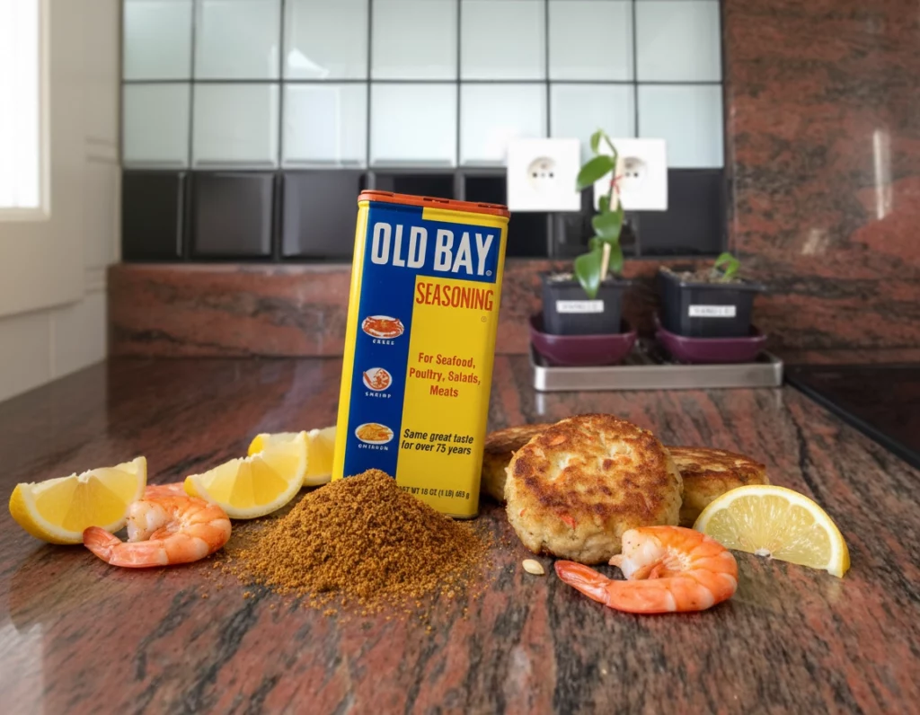 Bo&icirc;te d&rsquo;Old Bay Seasoning entour&eacute;e de crevettes, quartiers de citron et crab cake dor&eacute;, avec un tas d&rsquo;&eacute;pices au premier plan.