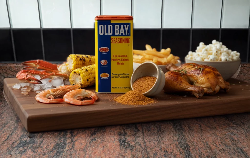Bo&icirc;te d&rsquo;Old Bay Seasoning entour&eacute;e de crevettes, quartiers de citron et crab cake dor&eacute;, avec un tas d&rsquo;&eacute;pices au premier plan.