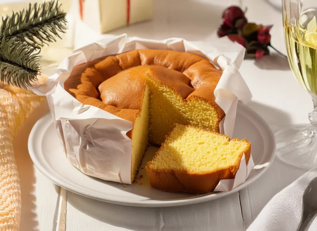G&acirc;teau portugais P&atilde;o de L&oacute;, rond et dor&eacute;, cuit dans du papier parchemin visible sur les c&ocirc;t&eacute;s. Une tranche pos&eacute;e devant montre une texture int&eacute;rieure jaune p&acirc;le, moelleuse et a&eacute;r&eacute;e.