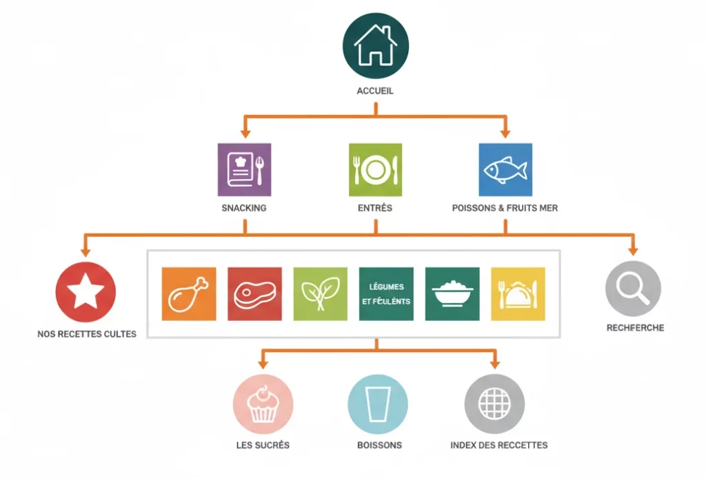 Schéma du plan du site À Notre Goût : Accueil menant aux rubriques Snacking, Entrées, Poissons & fruits de mer, puis vers Protéines, Légumes & féculents, Plats, Desserts, Boissons et Index des recettes