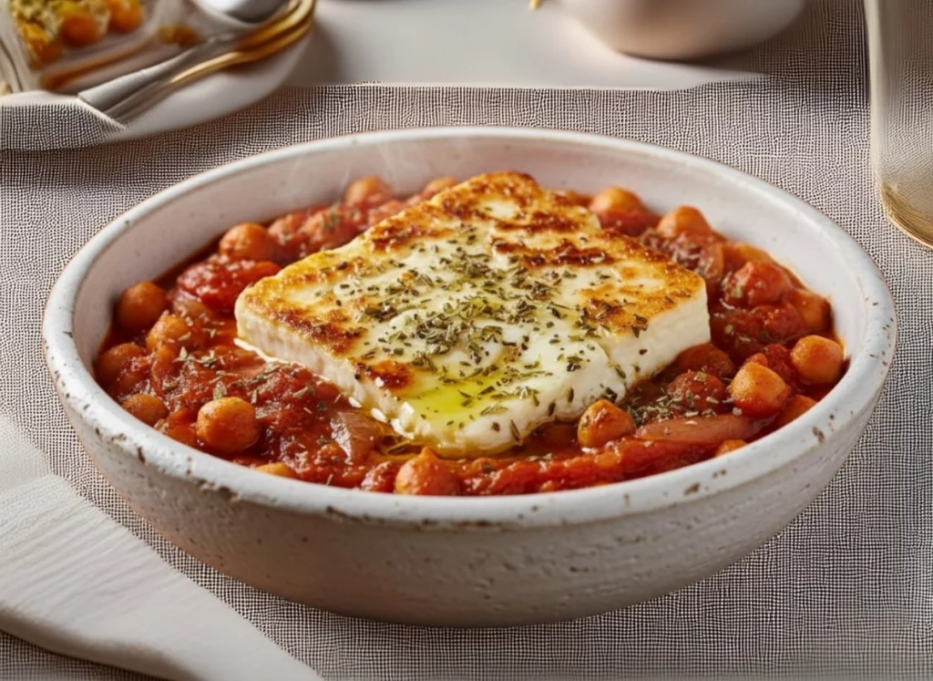 Pois chiches &agrave; la f&eacute;ta dor&eacute;e au four, sauce tomate et origan.