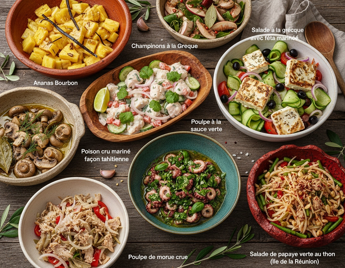 Assortiment de salades maison et plats froids vari&eacute;s pr&eacute;sent&eacute;s sur table en bois.