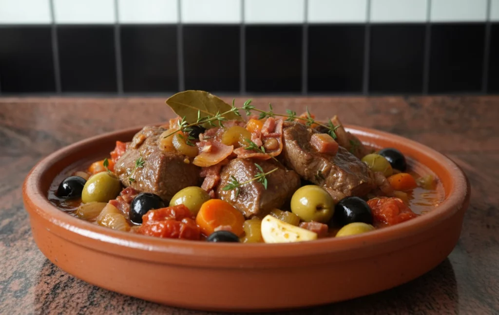 Veau aux olives &agrave; la Corse dans un plat en terre cuite, avec olives vertes et noires et l&eacute;gumes mijot&eacute;s.