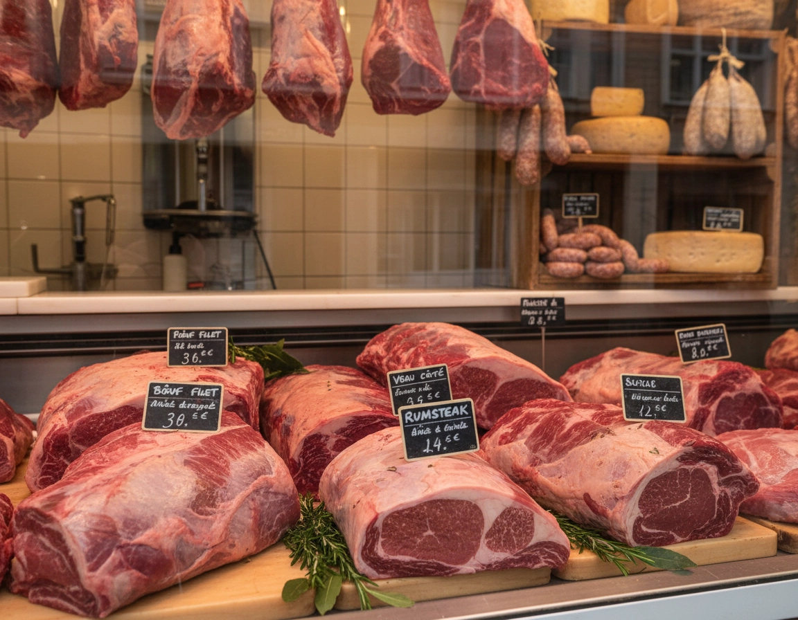 Morceaux de b&oelig;uf et de veau expos&eacute;s en vitrine de boucherie artisanale.