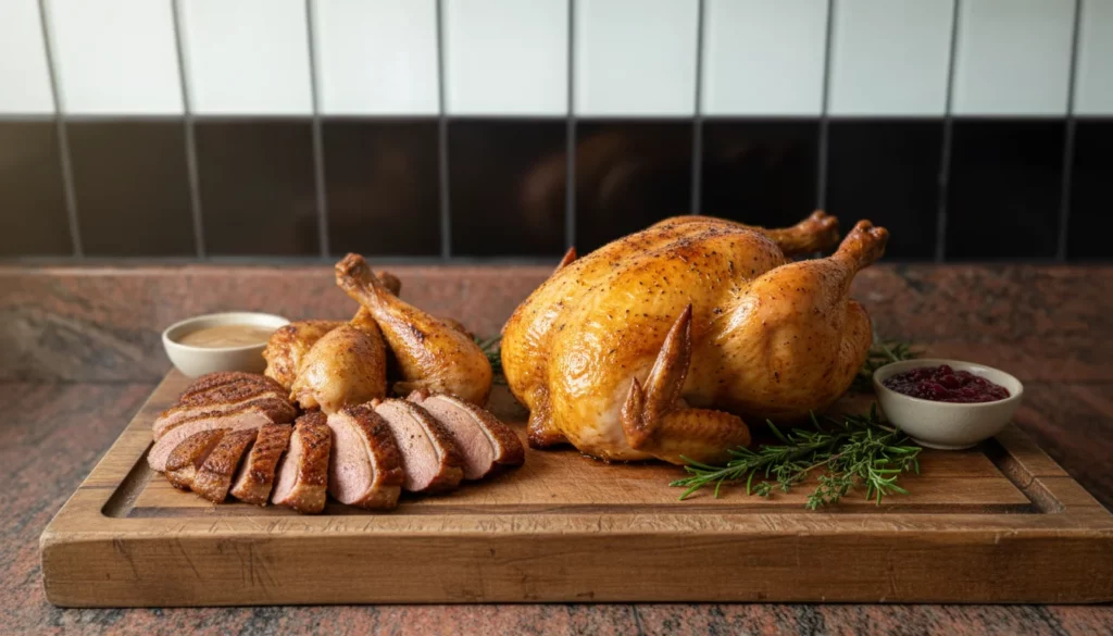 Poulet r&ocirc;ti et morceaux de volaille sur planche en bois.