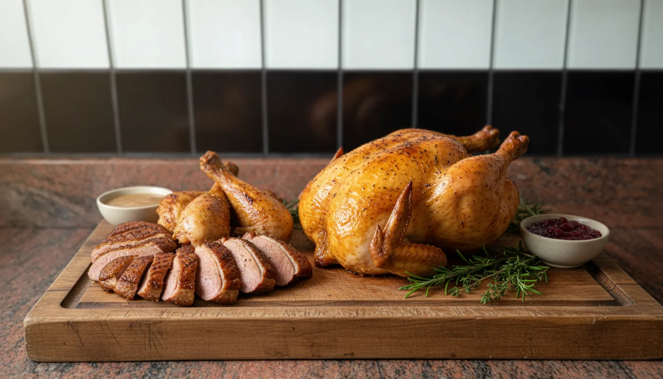 Poulet r&ocirc;ti et morceaux de volaille sur planche en bois.