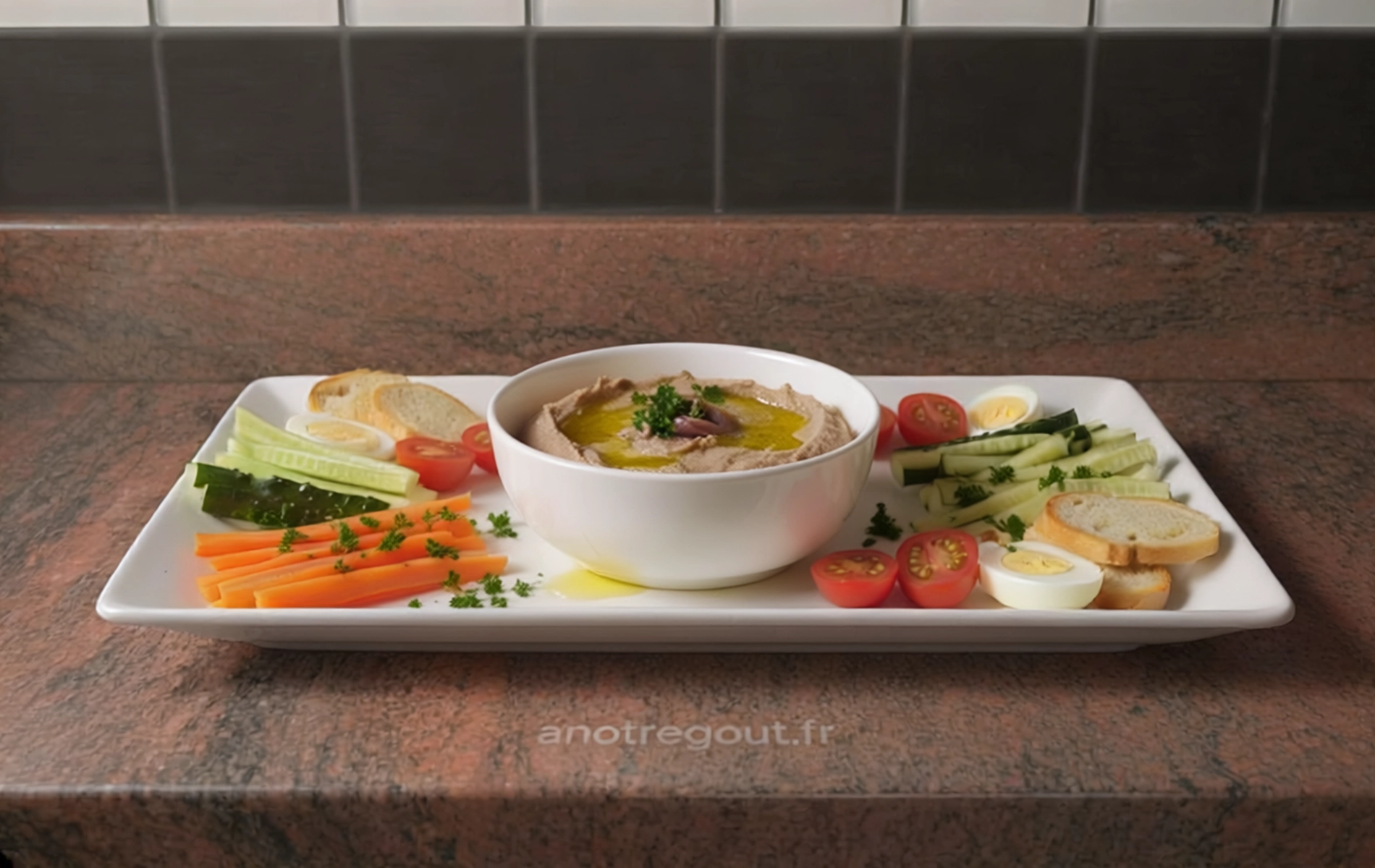 Anchoïade provençale servie dans un bol avec filet d’huile d’olive, accompagnée de crudités, toasts et demi-œufs sur une assiette rectangulaire.