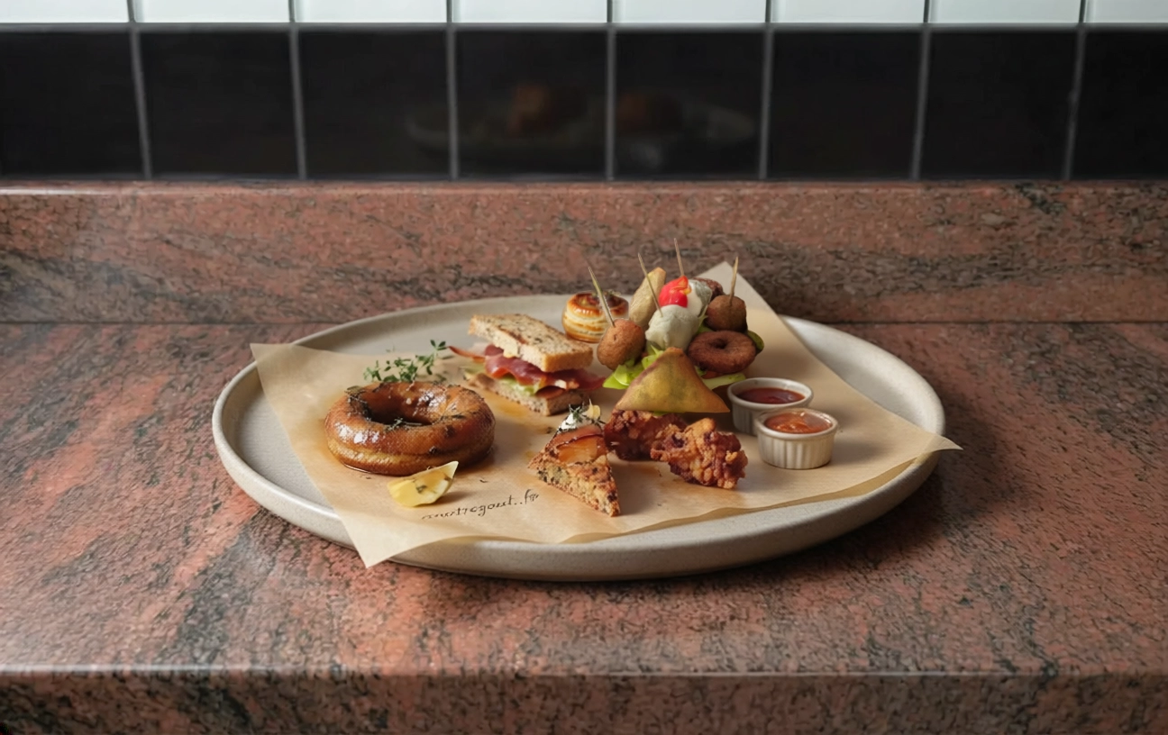 Assortiment d&rsquo;amuse-gueules sal&eacute;s vari&eacute;s, incluant bouch&eacute;es, beignets et petites pr&eacute;parations, pr&eacute;sent&eacute;s sur une planche avec accompagnements.