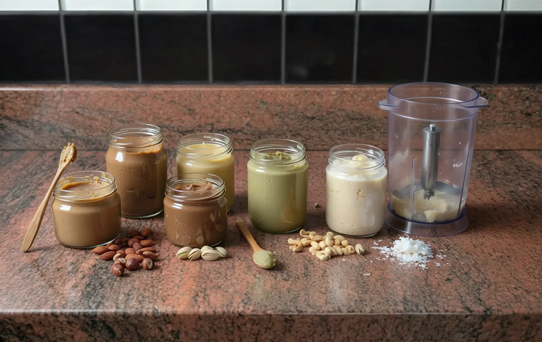 Beurres d&rsquo;ol&eacute;agineux maison (amande, noisette, pistache, coco) montrant diff&eacute;rentes textures, du broyage en poudre &agrave; la pur&eacute;e, avec un blender