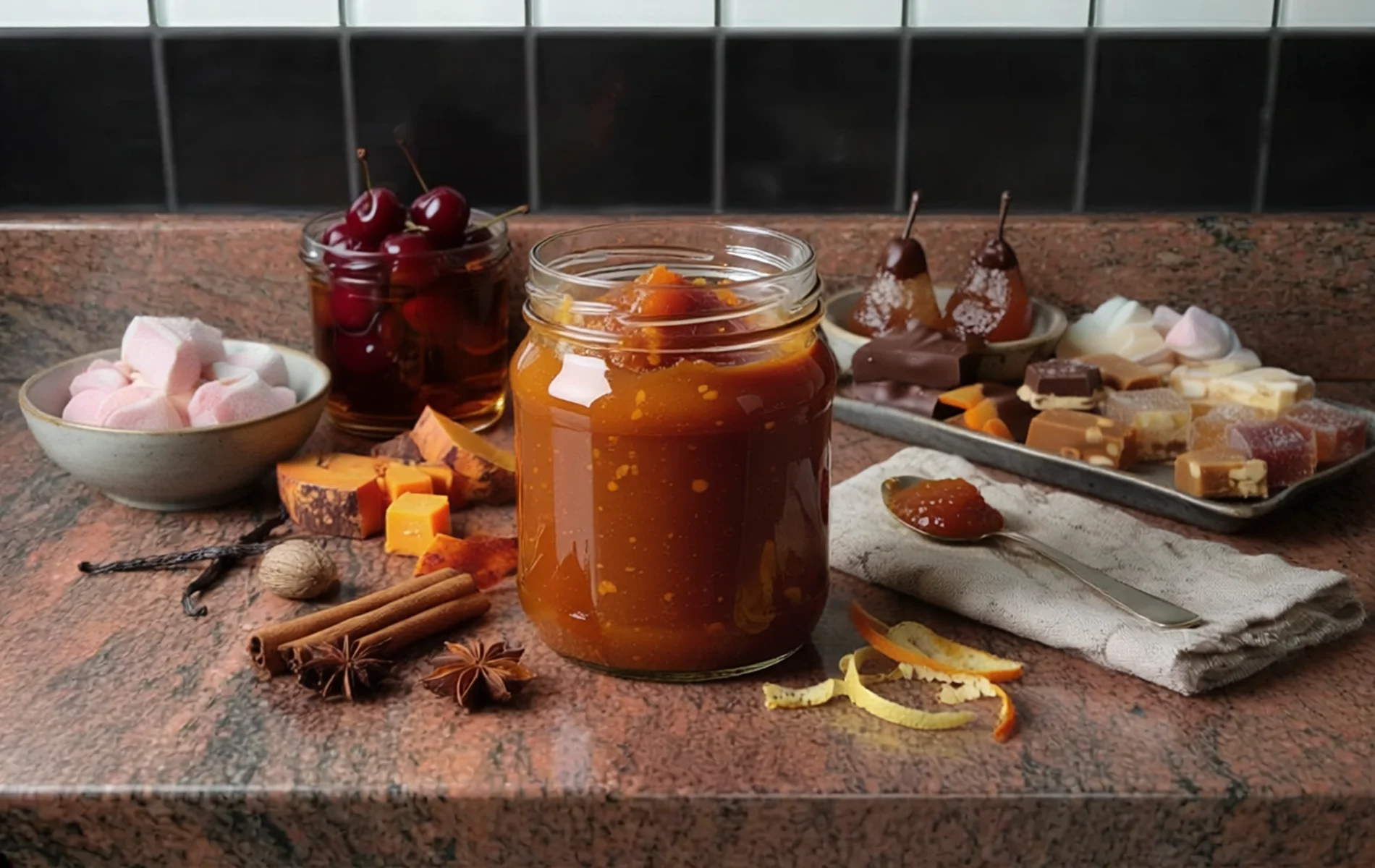 Assortiment de confiseries incluant cerises à l’eau-de-vie, papaye confite, écorces d’agrumes au chocolat, poires confites et pralines.