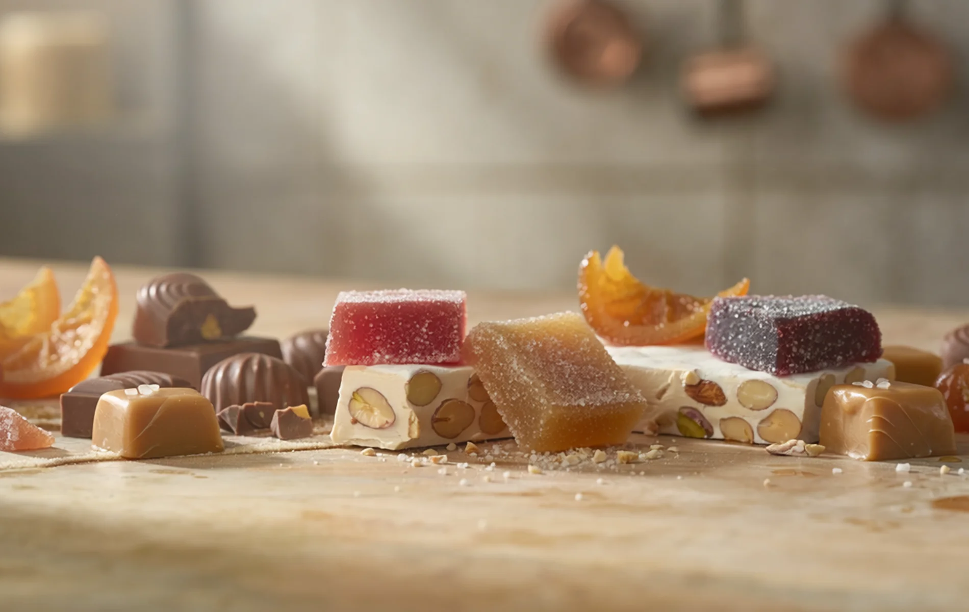 Assortiment de confiseries artisanales, lumière naturelle, textures visibles, rendu réaliste, ambiance simple et chaleureuse.