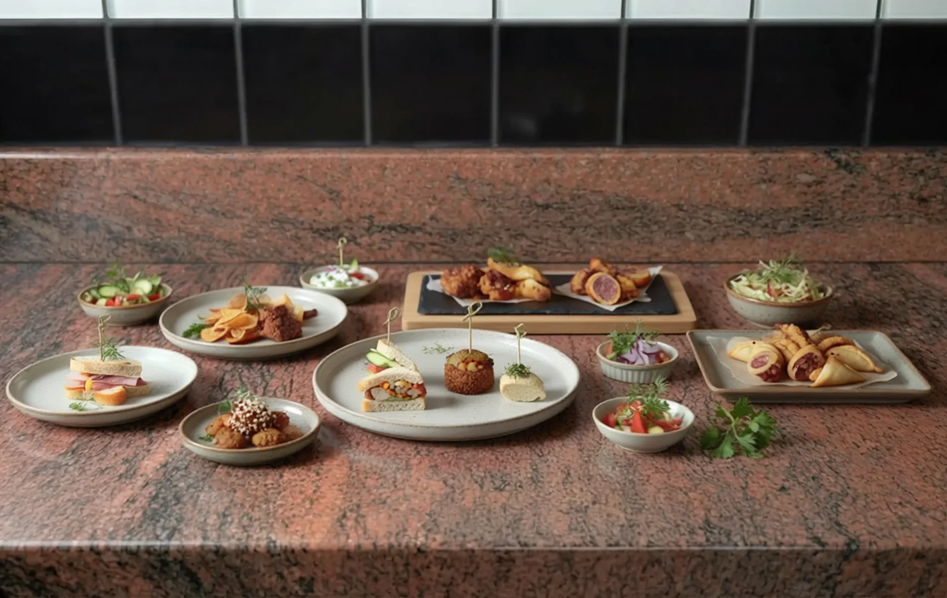 Assortiment de snacks sal&eacute;s vari&eacute;s en petites portions, avec bouch&eacute;es, sandwichs et accompagnements.