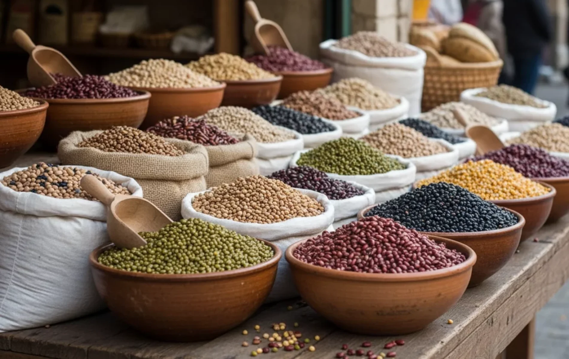 L&eacute;gumineuses vari&eacute;es en vrac sur un &eacute;tal de march&eacute;.