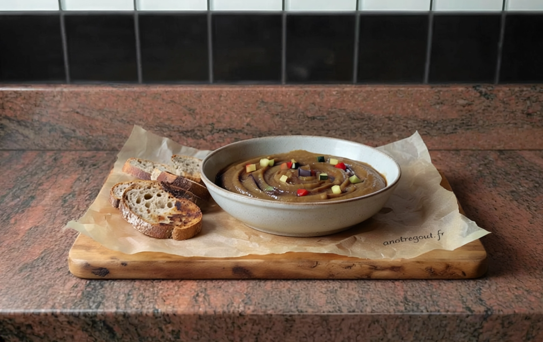 Aubergines glac&eacute;es bulgares servies dans un bol, &agrave; texture lisse et brillante, d&eacute;cor&eacute;es de petits d&eacute;s de l&eacute;gumes color&eacute;s, accompagn&eacute;es de pain grill&eacute;.