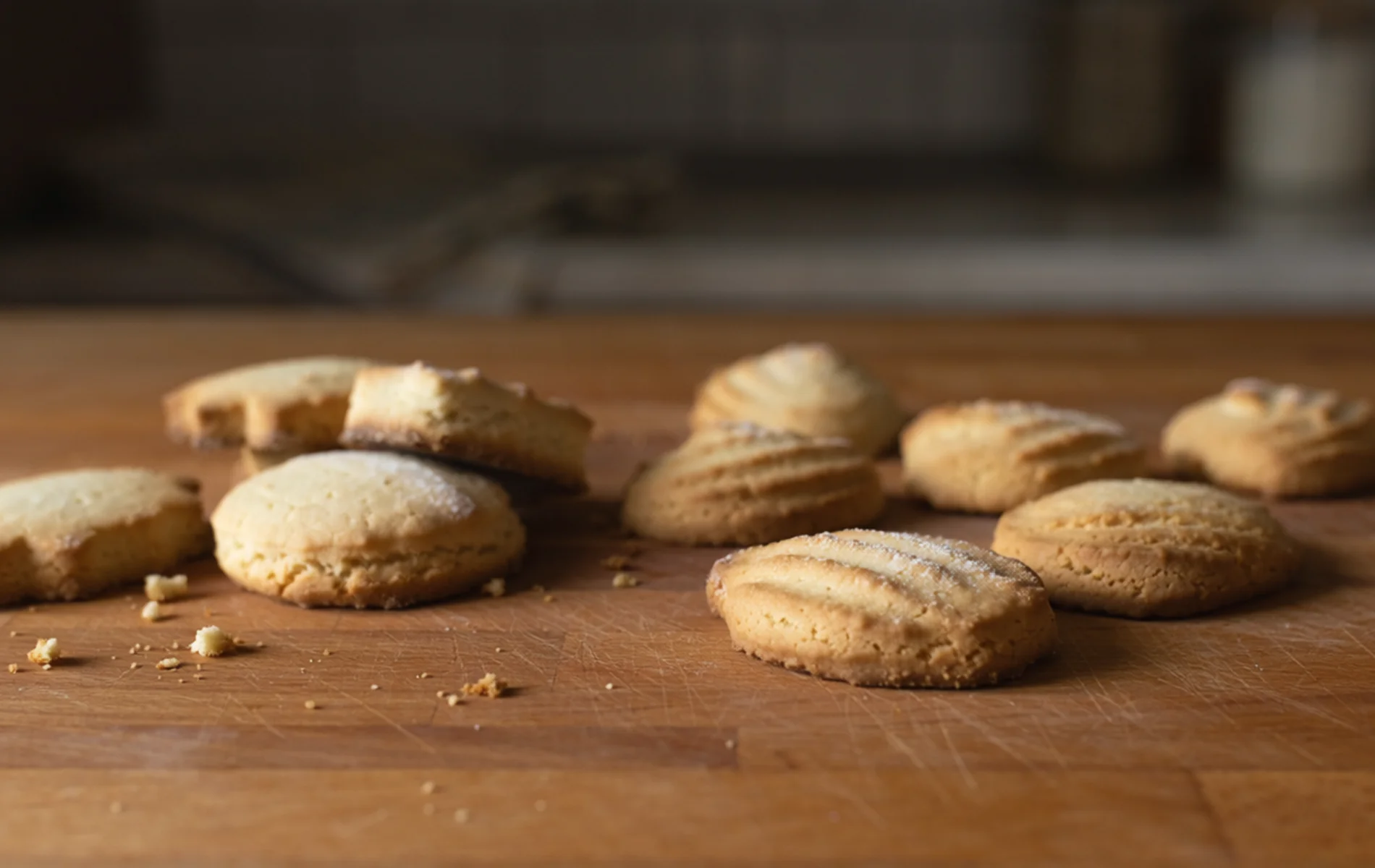 Biscuits maison dorés et croustillants, disposés sur une planche en bois.