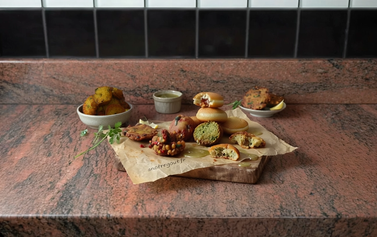 Assortiment de beignets de l&eacute;gumineuses du monde, incluant bonbons piment r&eacute;unionnais, falafels et variantes, servis chauds sur papier cuisson avec herbes et accompagnements.