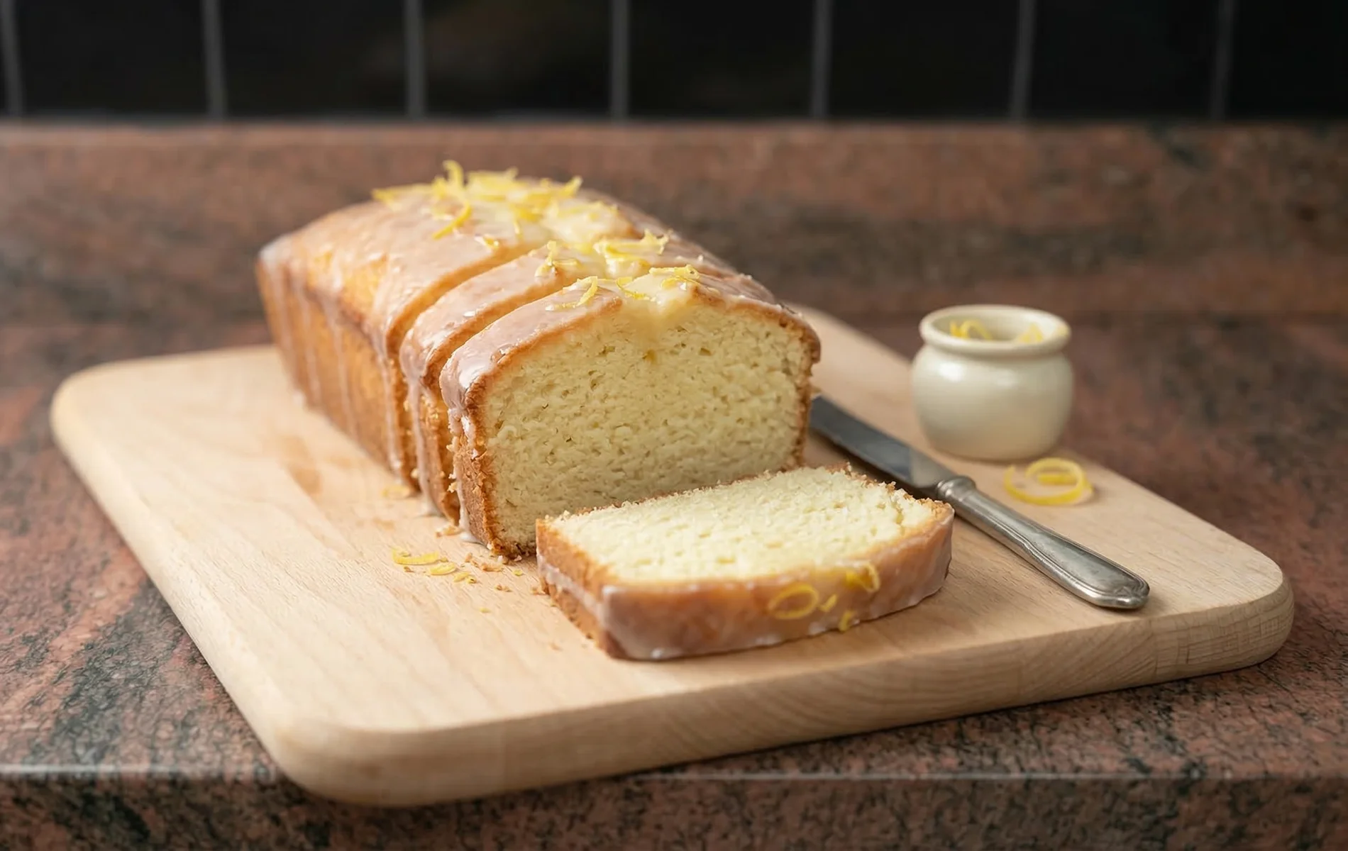 Cake au citron maison tranch&eacute;, avec gla&ccedil;age brillant et zestes, pos&eacute; sur une planche en bois 