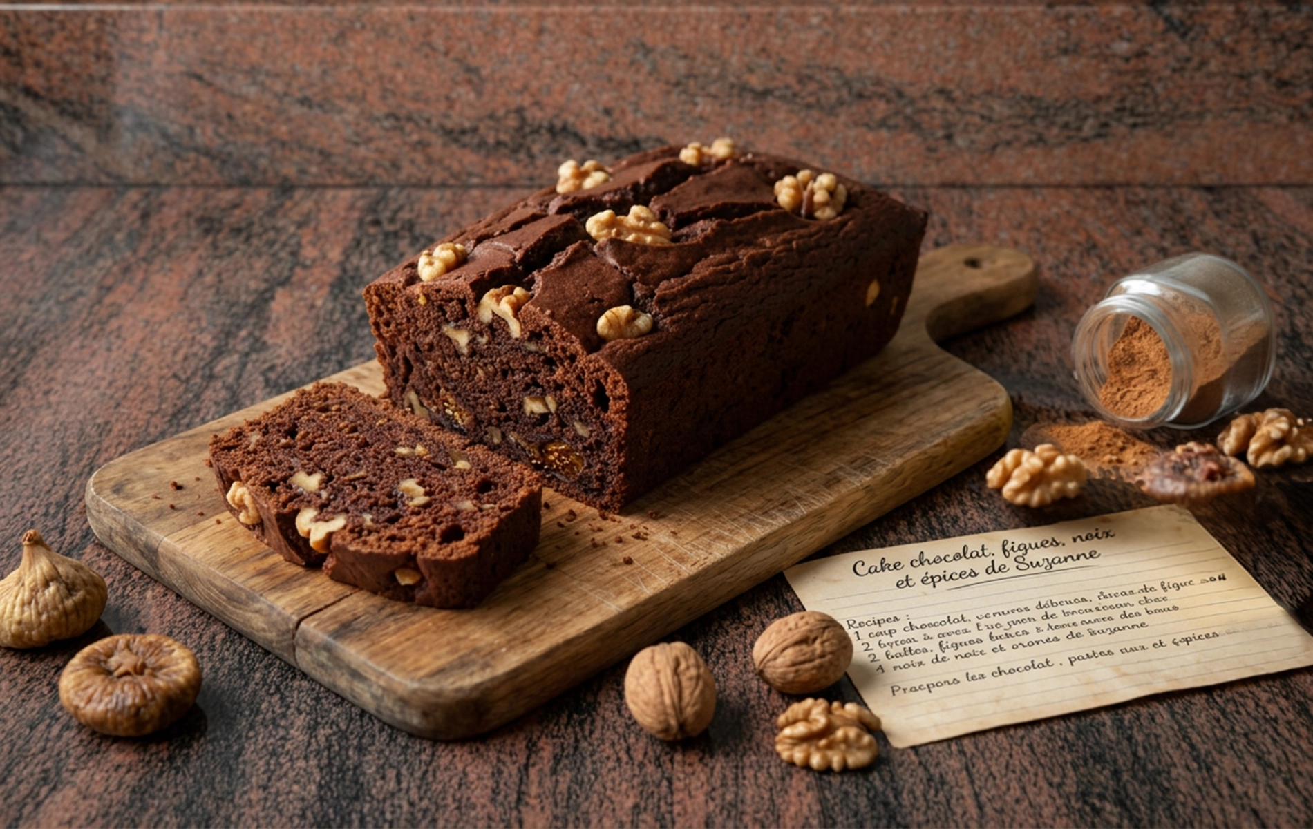Cake au chocolat aux figues et aux noix, tranch&eacute; sur une planche en bois, avec figues s&egrave;ches, noix et pot d&rsquo;&eacute;pices &agrave; c&ocirc;t&eacute;.