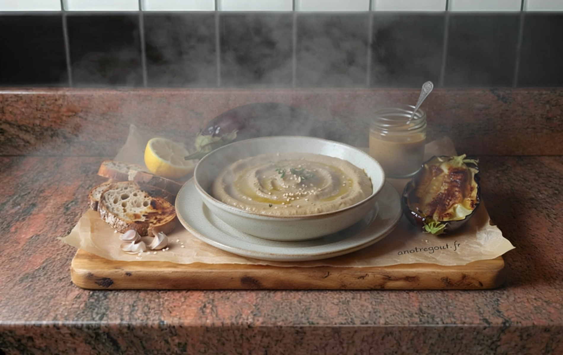 Caviar d&rsquo;aubergines cr&eacute;meux avec pain grill&eacute;, citron et aubergines grill&eacute;es sur plan de travail en granit.