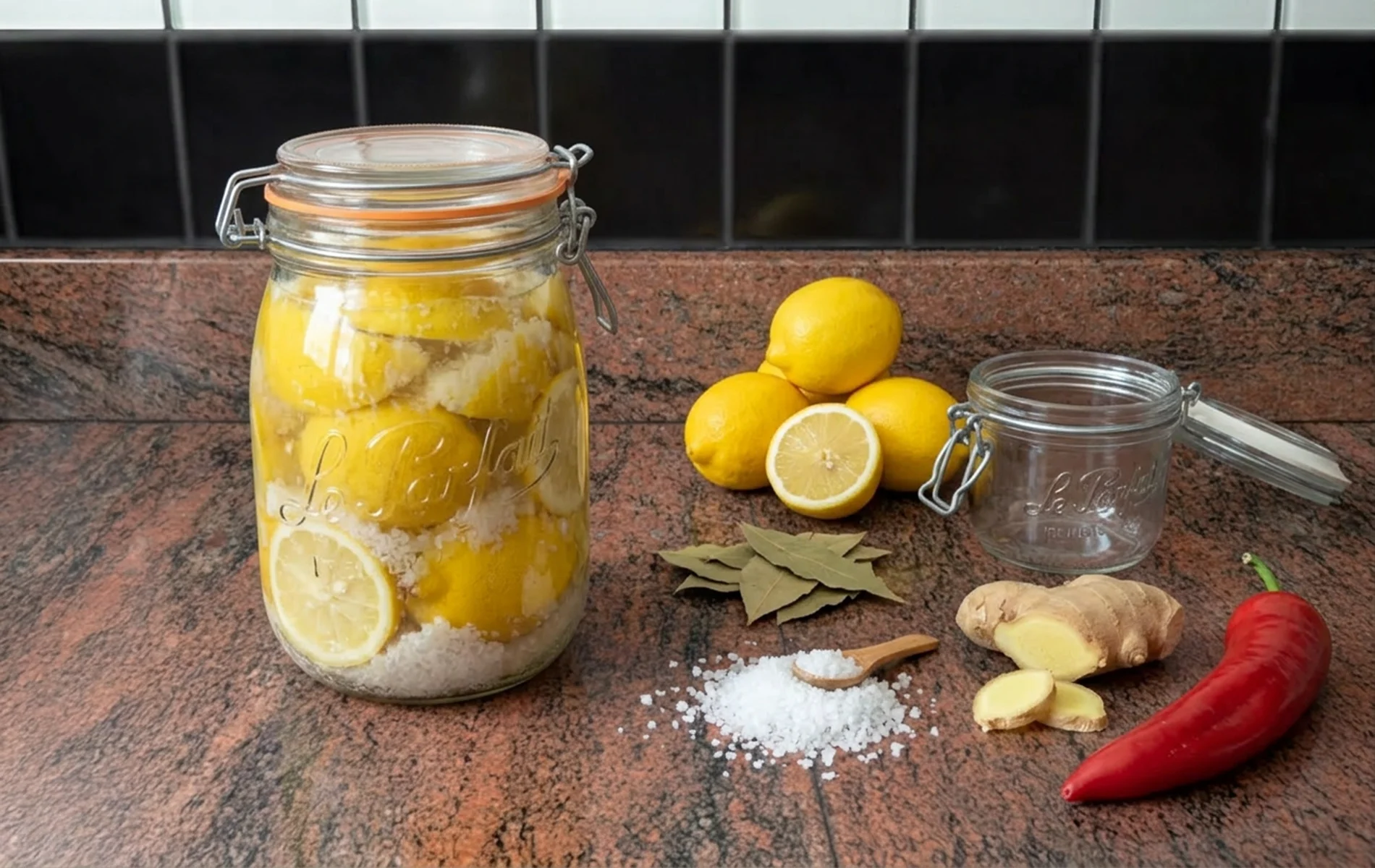 Bocal de citrons confits au sel avec citrons frais, sel et aromates.