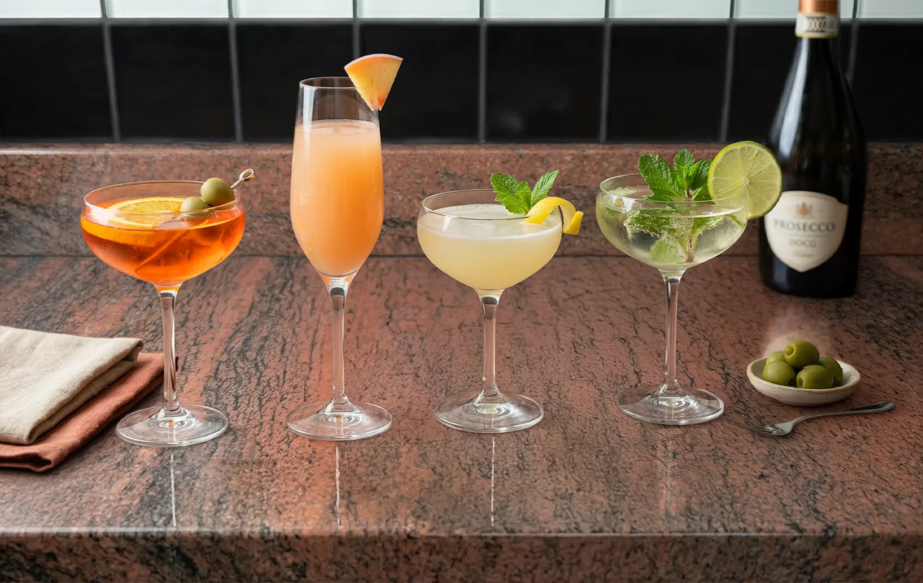 Assortiment de cocktails au Prosecco disposés sur un plan de cuisine