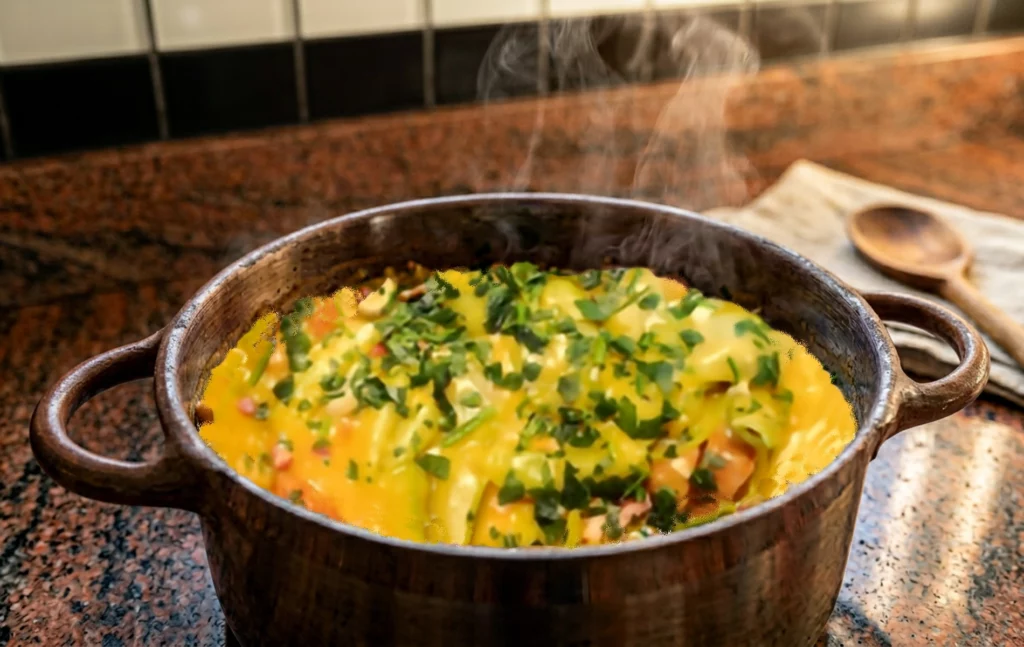 Cocotte de f&egrave;ves mijot&eacute;es &agrave; la portugaise, fumantes, garnies d&rsquo;herbes fra&icirc;ches.