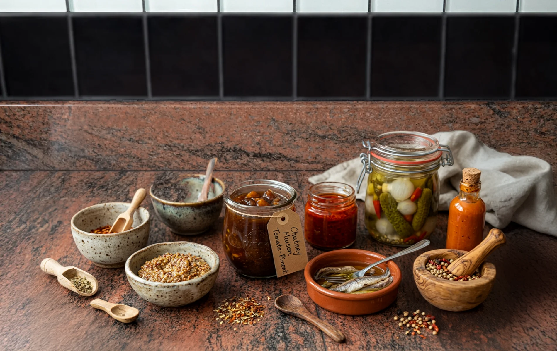 Assortiment de condiments maison &mdash; rougail tomate, achard citron, chutneys et p&acirc;te de piment &mdash; pr&eacute;sent&eacute;s dans des bols et bocaux sur un plan de travail de cuisine.