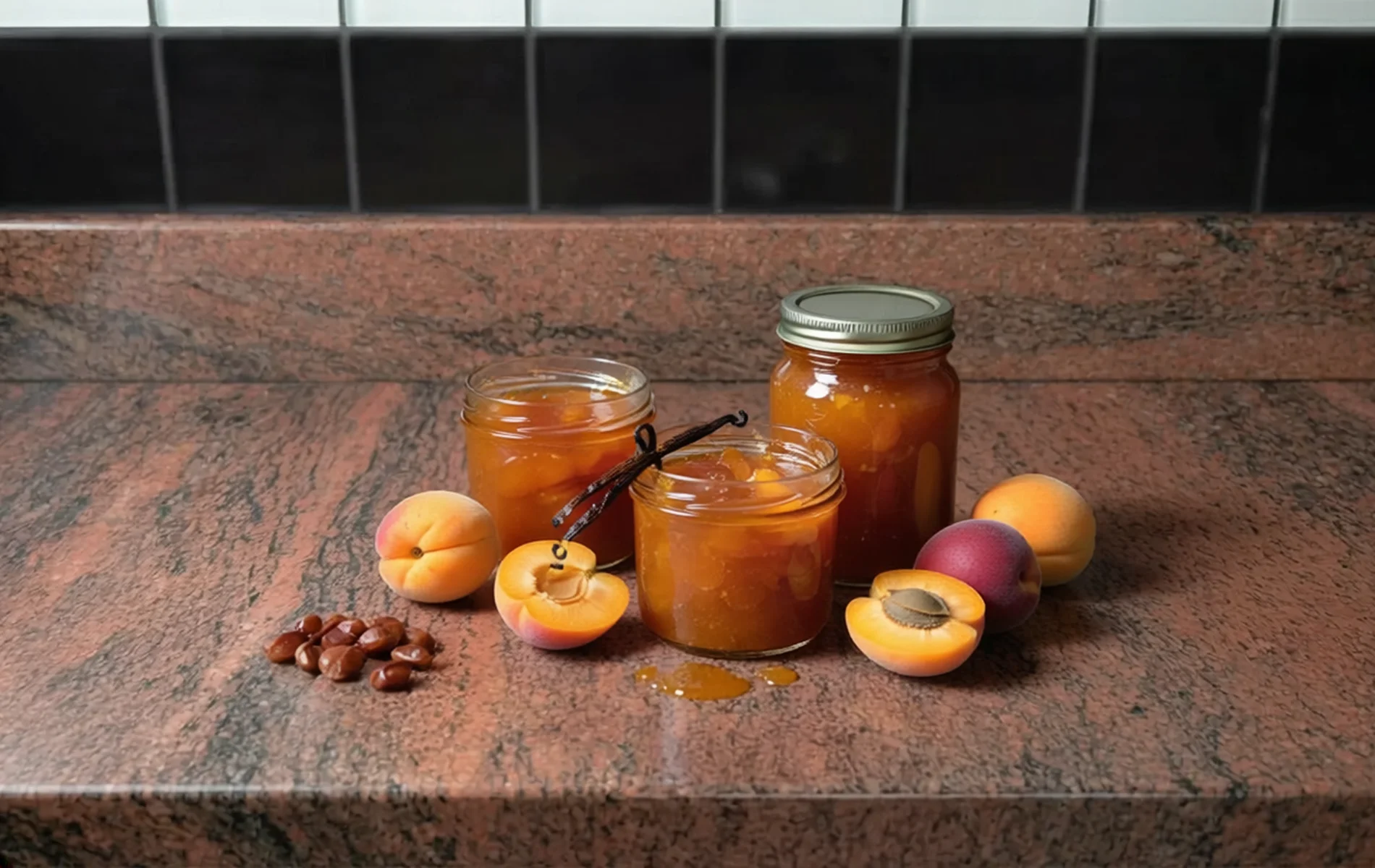 Confiture d’abricots à la vanille dans des bocaux, avec morceaux d’abricots et gousse de vanille visible.