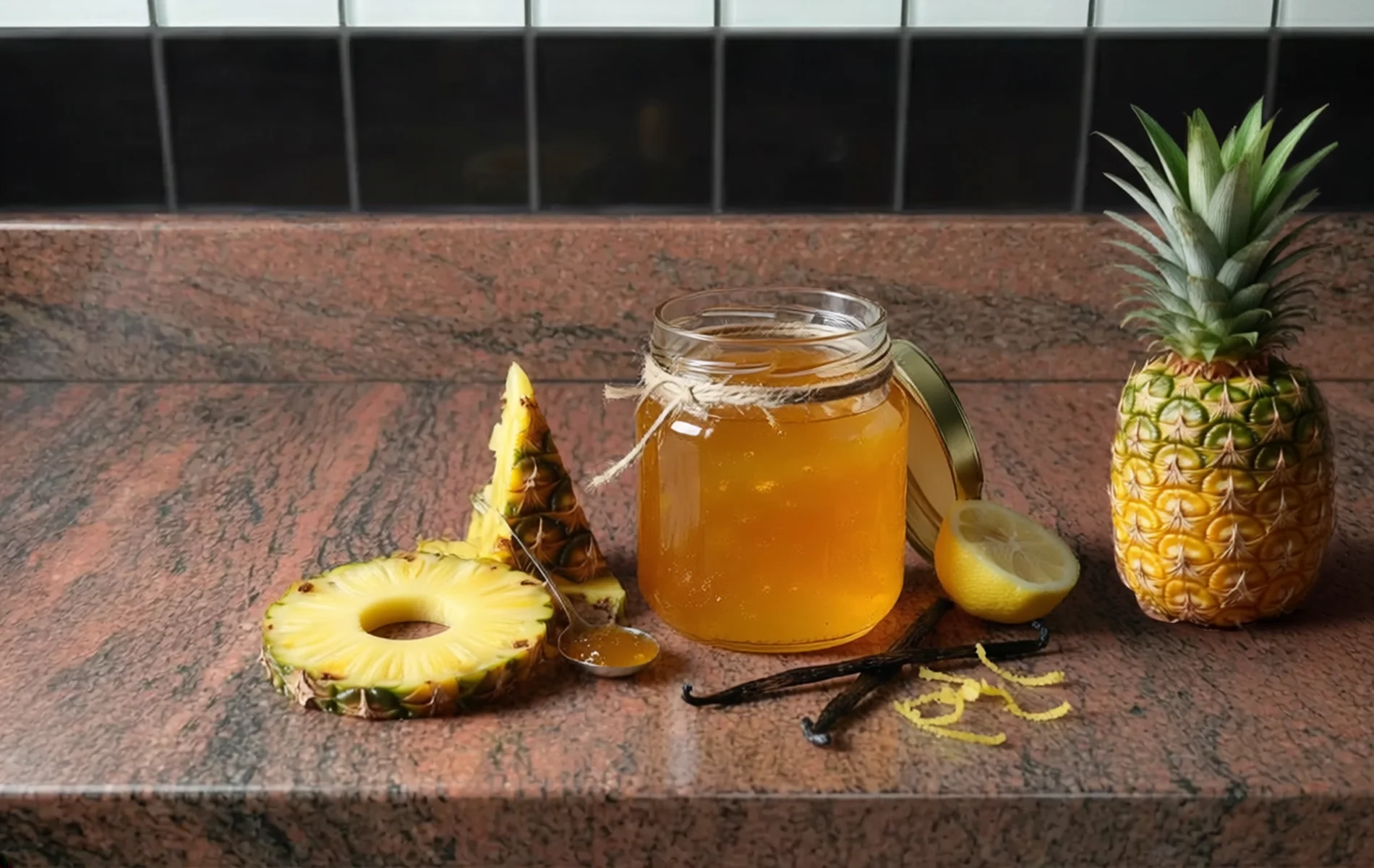 Confiture d&rsquo;ananas maison dans un bocal avec morceaux d&rsquo;ananas, accompagn&eacute;e de citron et de vanille.