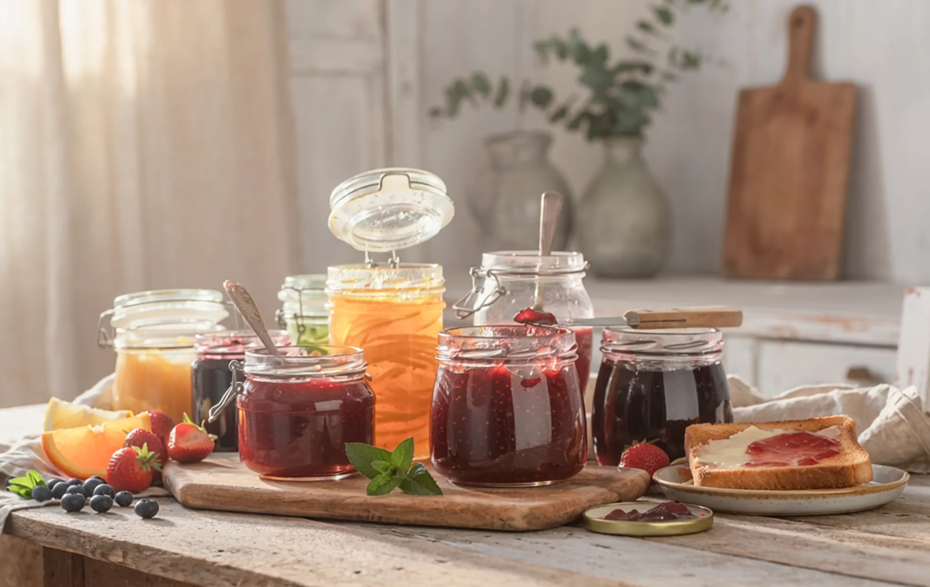 Assortiment de confitures artisanales, fruits frais et tartine grillée sur une table rustique et lumineuse.