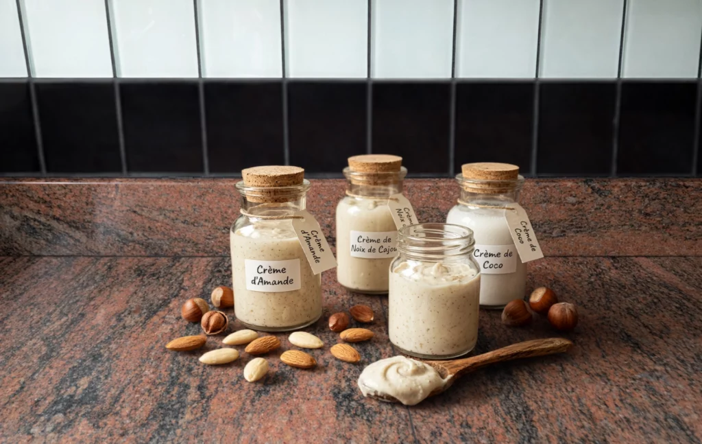 Petits bocaux de crème végétale maison posés sur un plan de travail en granit, entourés d’amandes et de noisettes, avec une cuillère en bois
