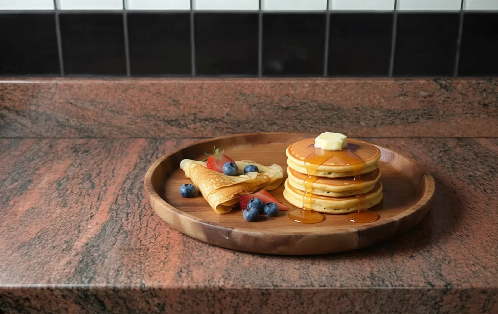 Crêpes et pancakes maison dorés, avec miel et fruits frais.
