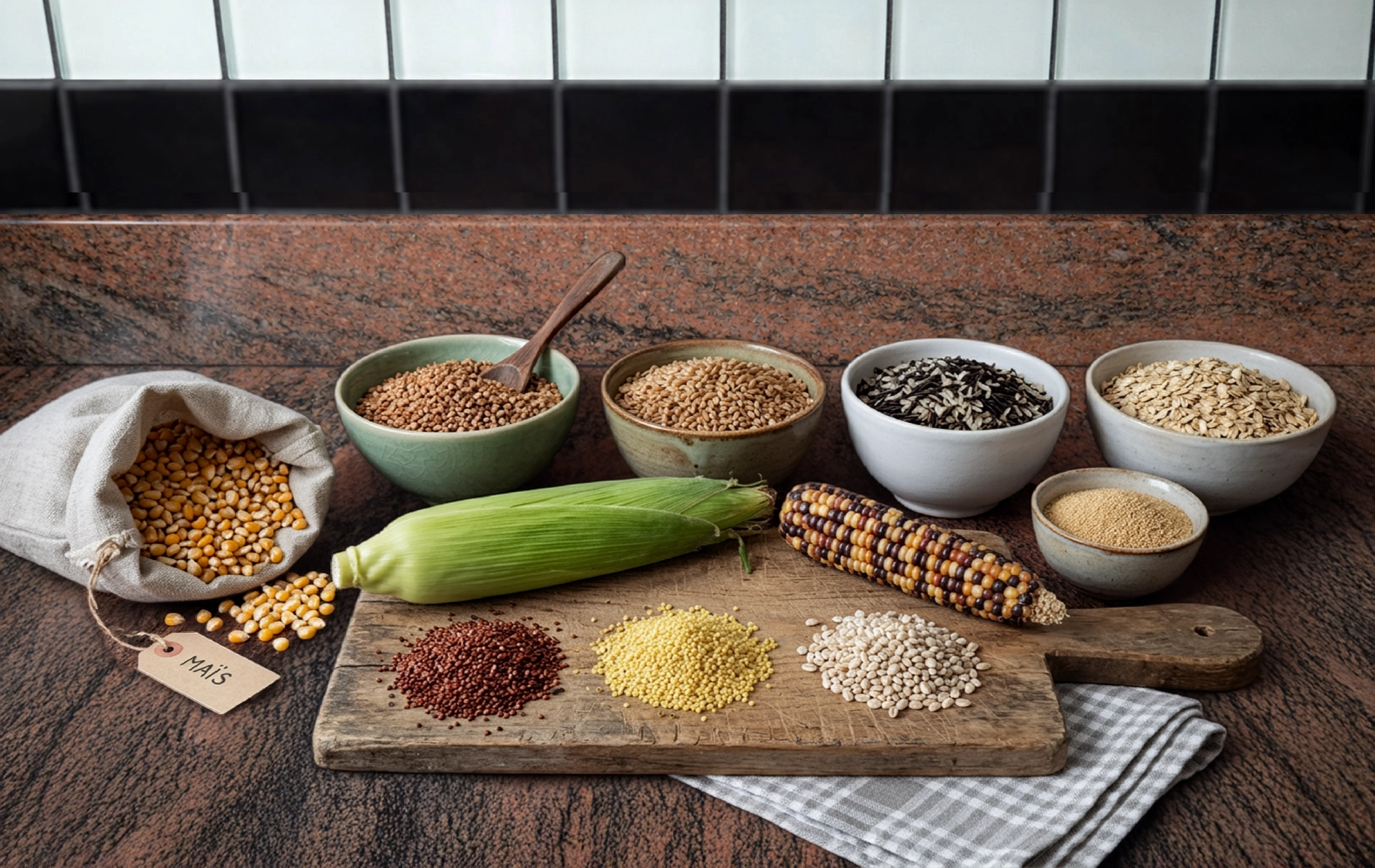 Assortiment de c&eacute;r&eacute;ales pr&eacute;sent&eacute; sur une planche et dans des bols : ma&iuml;s en &eacute;pi et en grains, bl&eacute;, avoine, riz et autres graines.