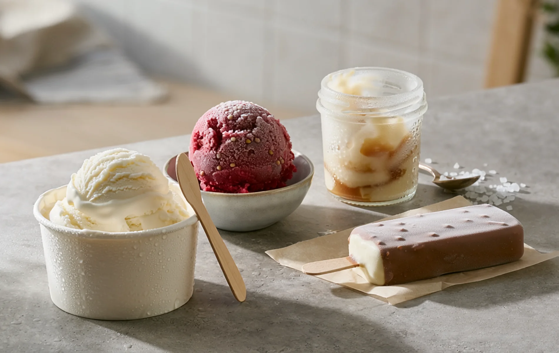 Desserts glacés variés, textures visibles, légère condensation, lumière naturelle, style photo culinaire réaliste.