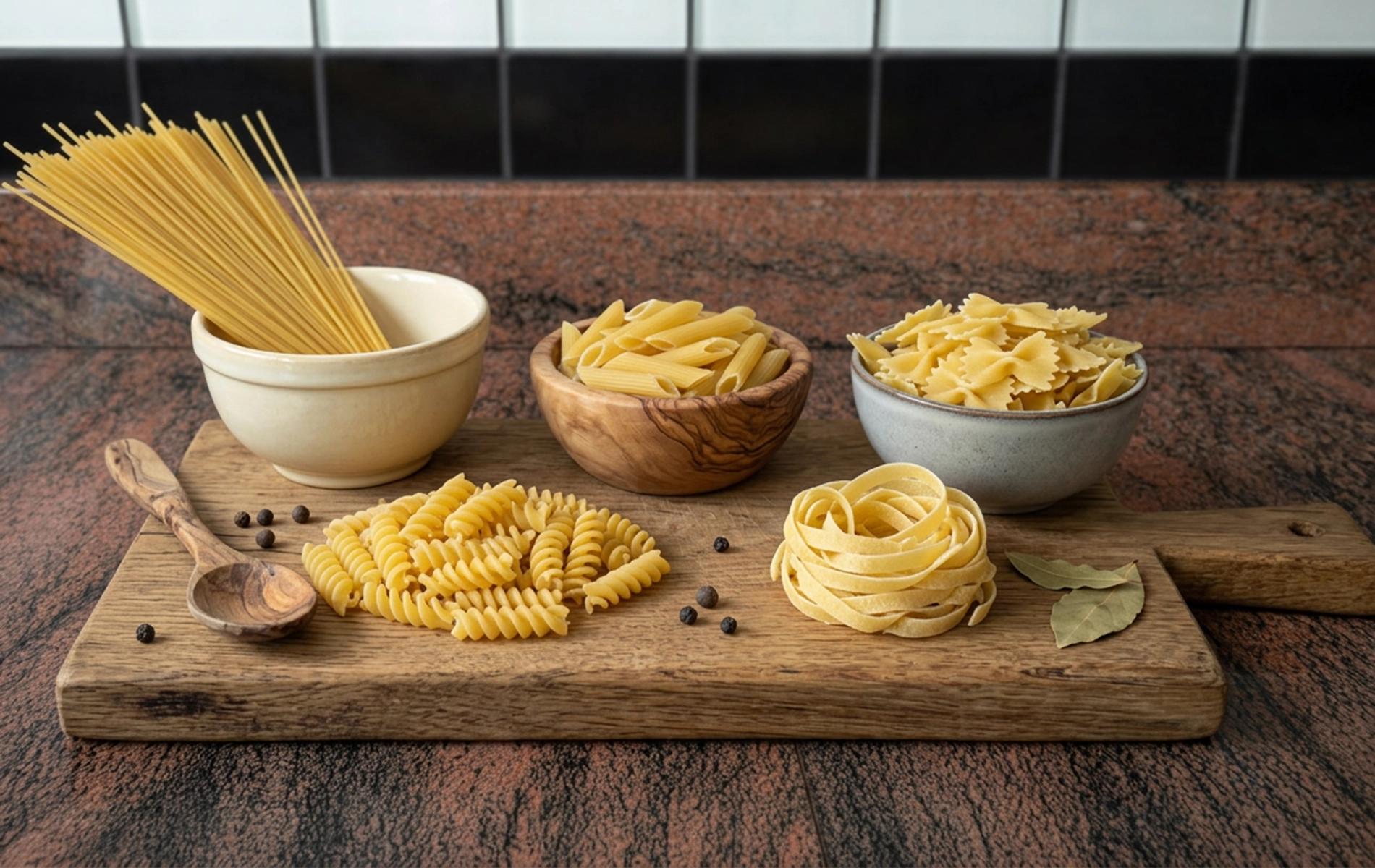 Diff&eacute;rentes formes de p&acirc;tes s&egrave;ches pr&eacute;sent&eacute;es sur une planche en bois : spaghetti, penne, farfalle, fusilli et tagliatelles dans des bols, sur un plan de travail en granit.