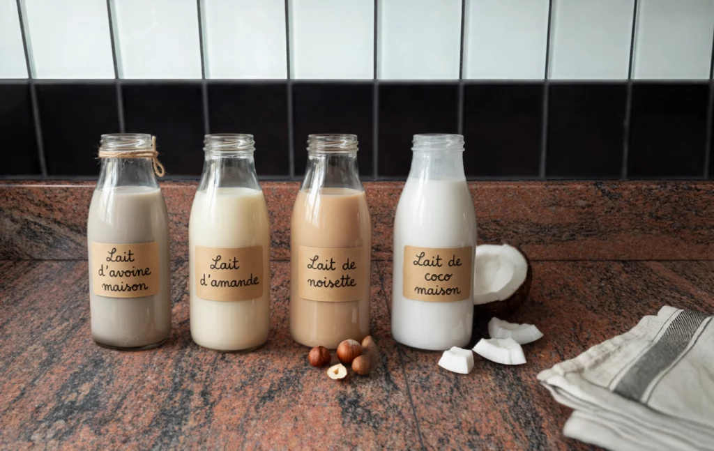 Quatre bouteilles de laits v&eacute;g&eacute;taux maison sur un plan de travail de cuisine, &eacute;tiquet&eacute;es lait d&rsquo;avoine, lait d&rsquo;amande, lait de noisette et lait de coco.
