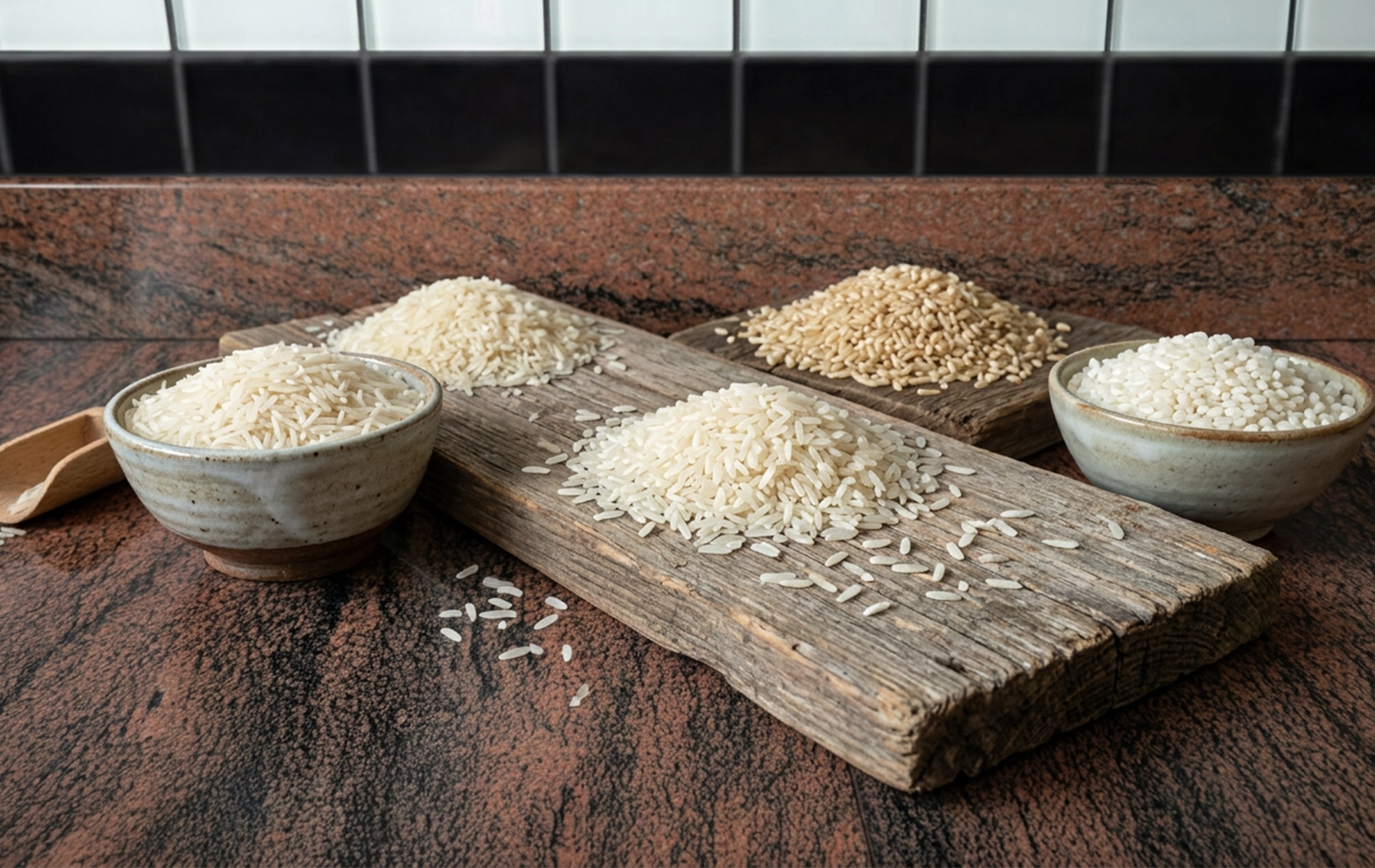 Différentes variétés de riz présentées sur des planches et dans des bols : riz basmati, riz complet et riz rond.