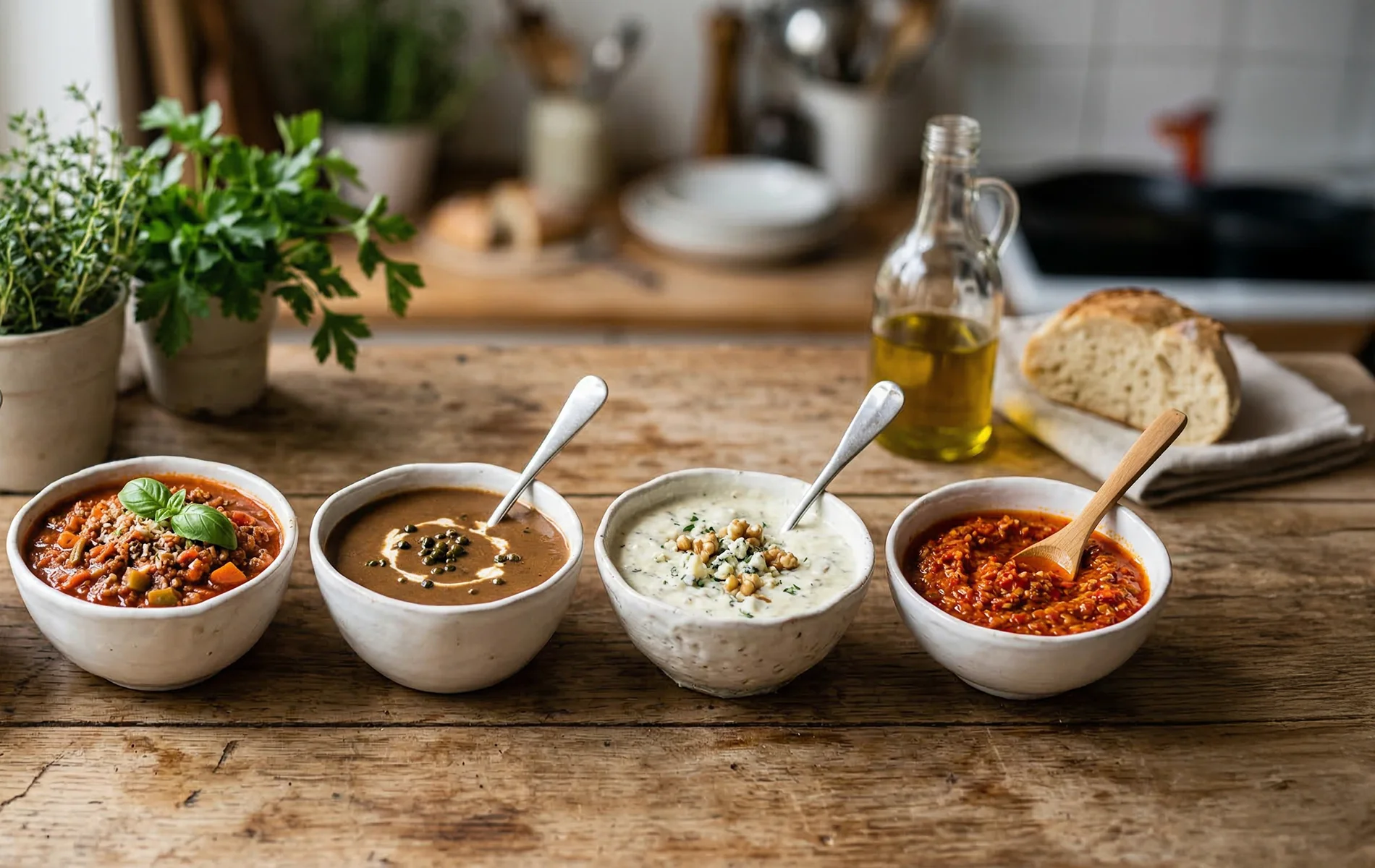 Plusieurs sauces chaudes &mdash; beurre blanc, sauce tomate, sauce au poivre et sauce au roquefort &mdash; servies dans des bols blancs.