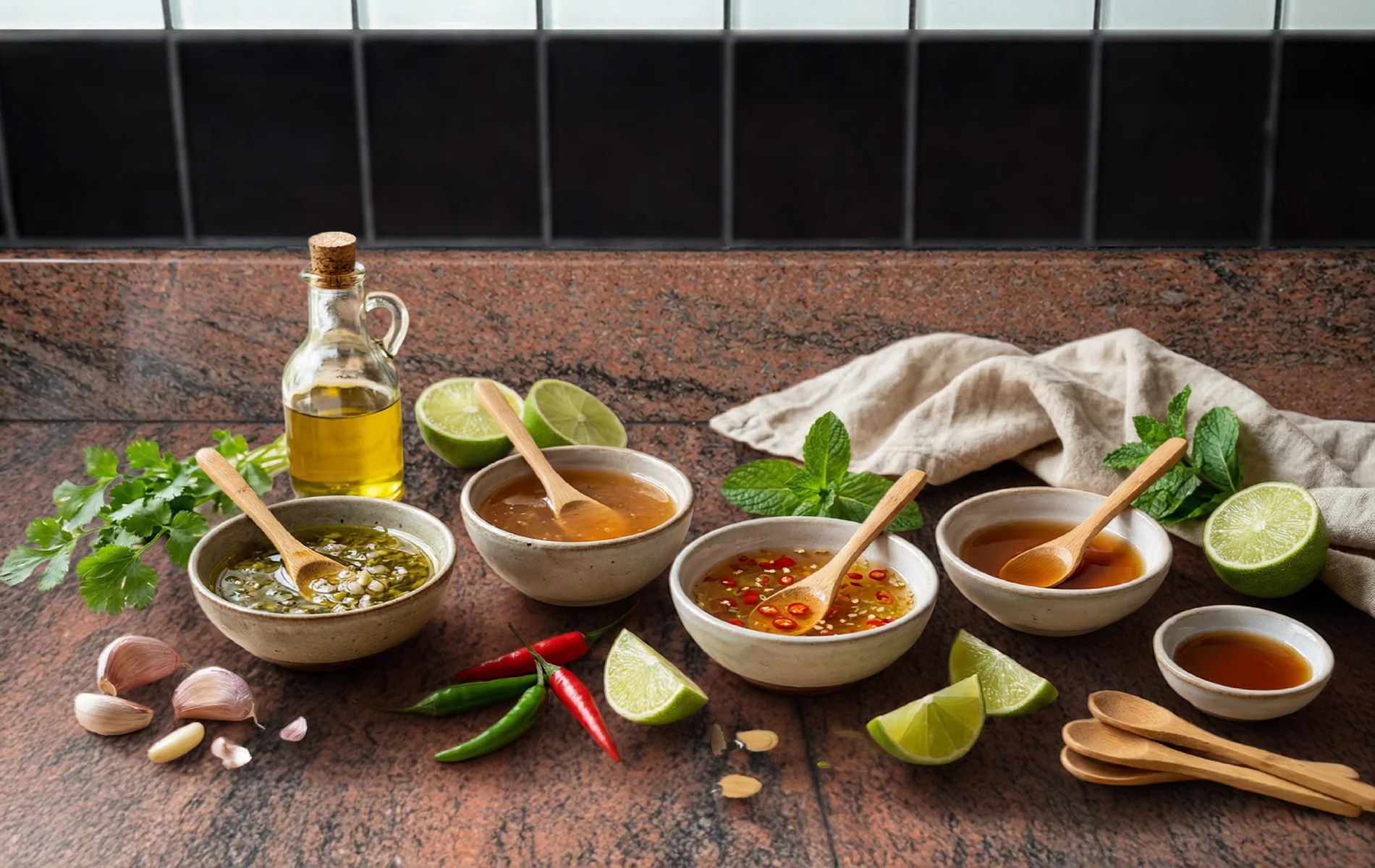 Petits bols de sauces froides maison entour&eacute;s d&rsquo;ingr&eacute;dients comme ail, piment, citron vert, herbes et huile d&rsquo;olive sur une table de cuisine.