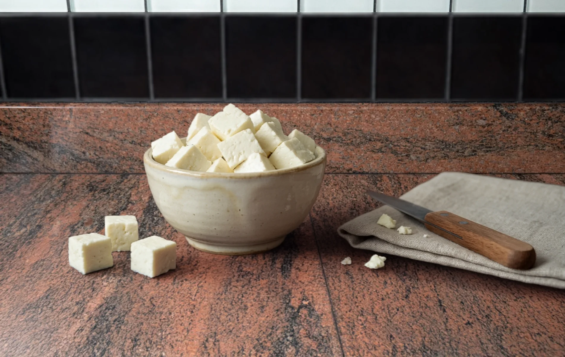Paneer maison coup&eacute; en cubes dans un bol, fromage frais indien utilis&eacute; en cuisine.