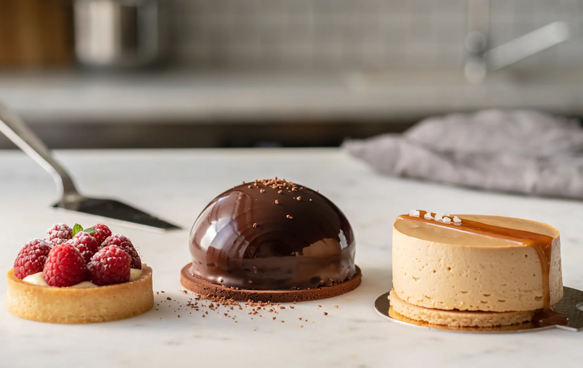 Entremets individuels aux glaçages miroirs, décorés de fruits frais