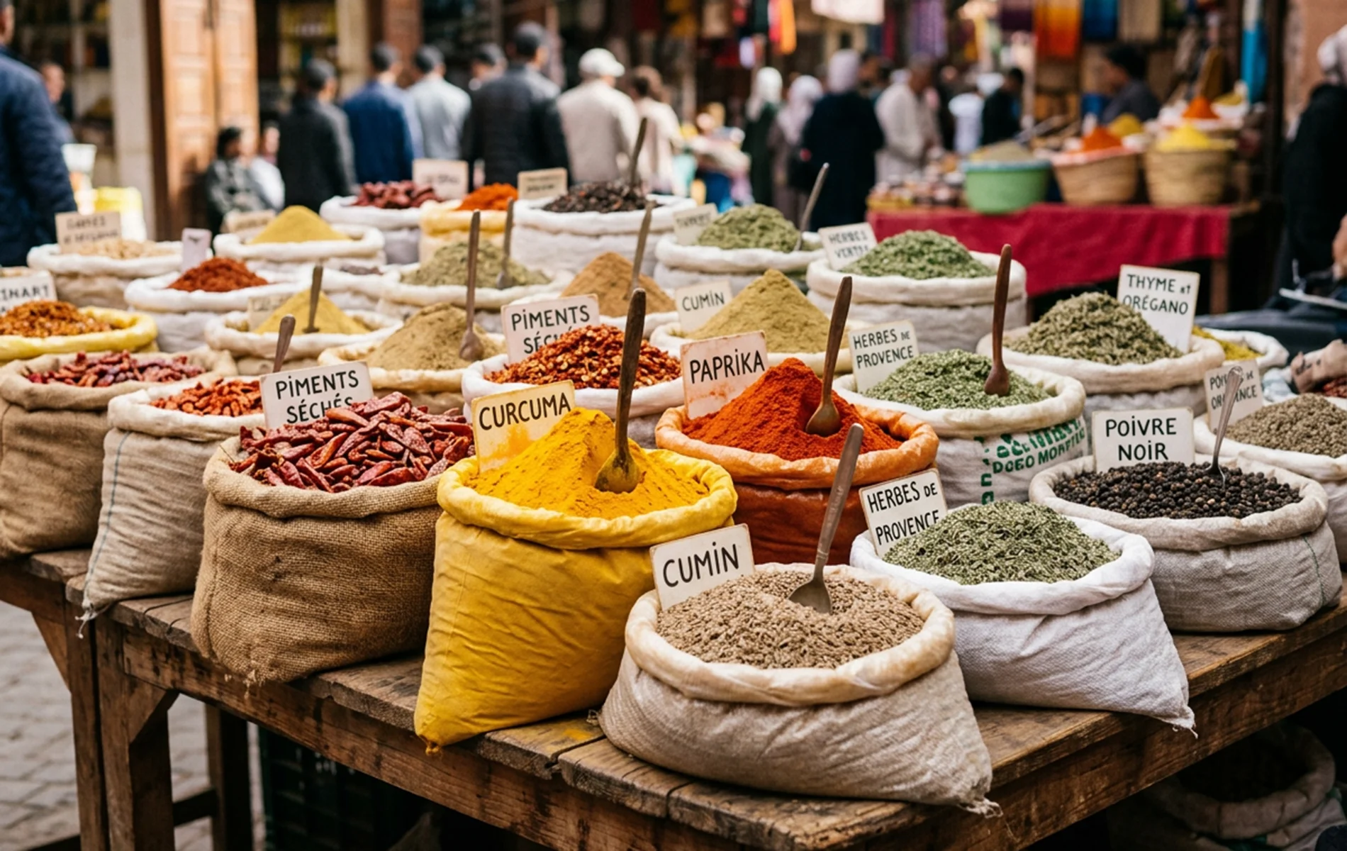 &Eacute;tal de march&eacute; pr&eacute;sentant de nombreux sacs d&rsquo;&eacute;pices color&eacute;es &mdash; curcuma, piments, graines et m&eacute;langes d&rsquo;&eacute;pices.
