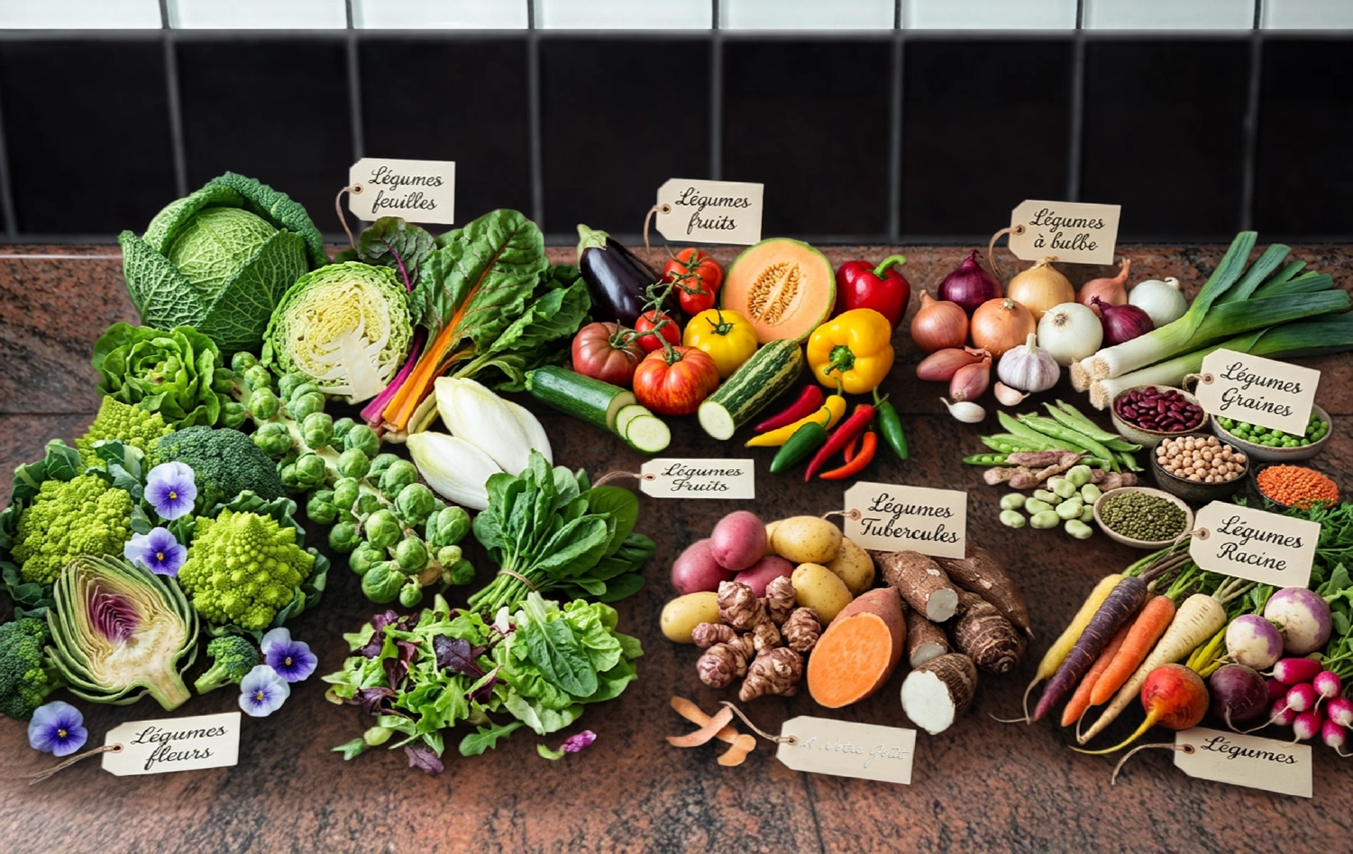 Diff&eacute;rentes familles de l&eacute;gumes pr&eacute;sent&eacute;es sur un plan de travail : l&eacute;gumes feuilles, fleurs, fruits, bulbes, graines, tubercules et racines.