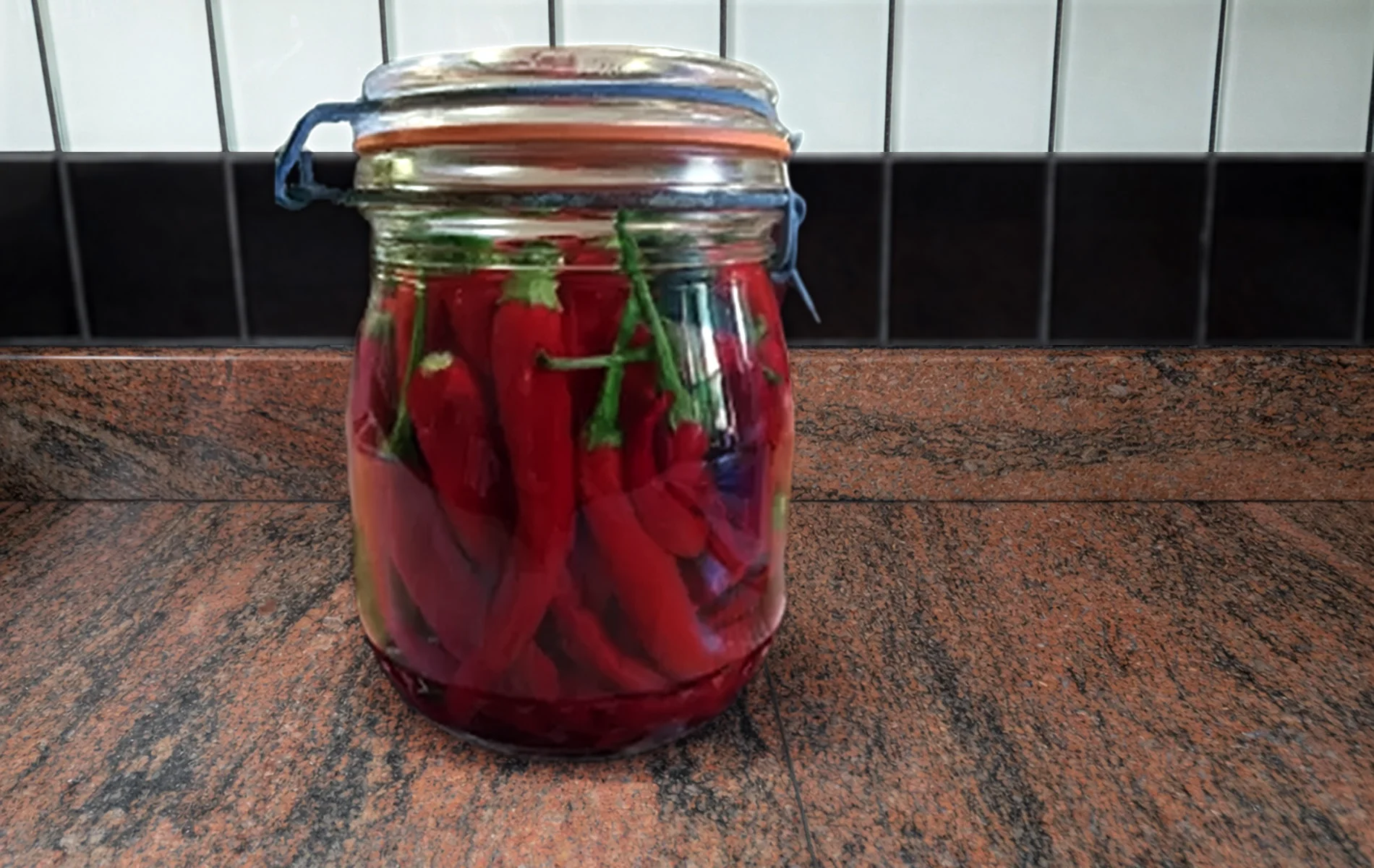 Bocal hermétique rempli de piments rouges en fermentation dans leur saumure.