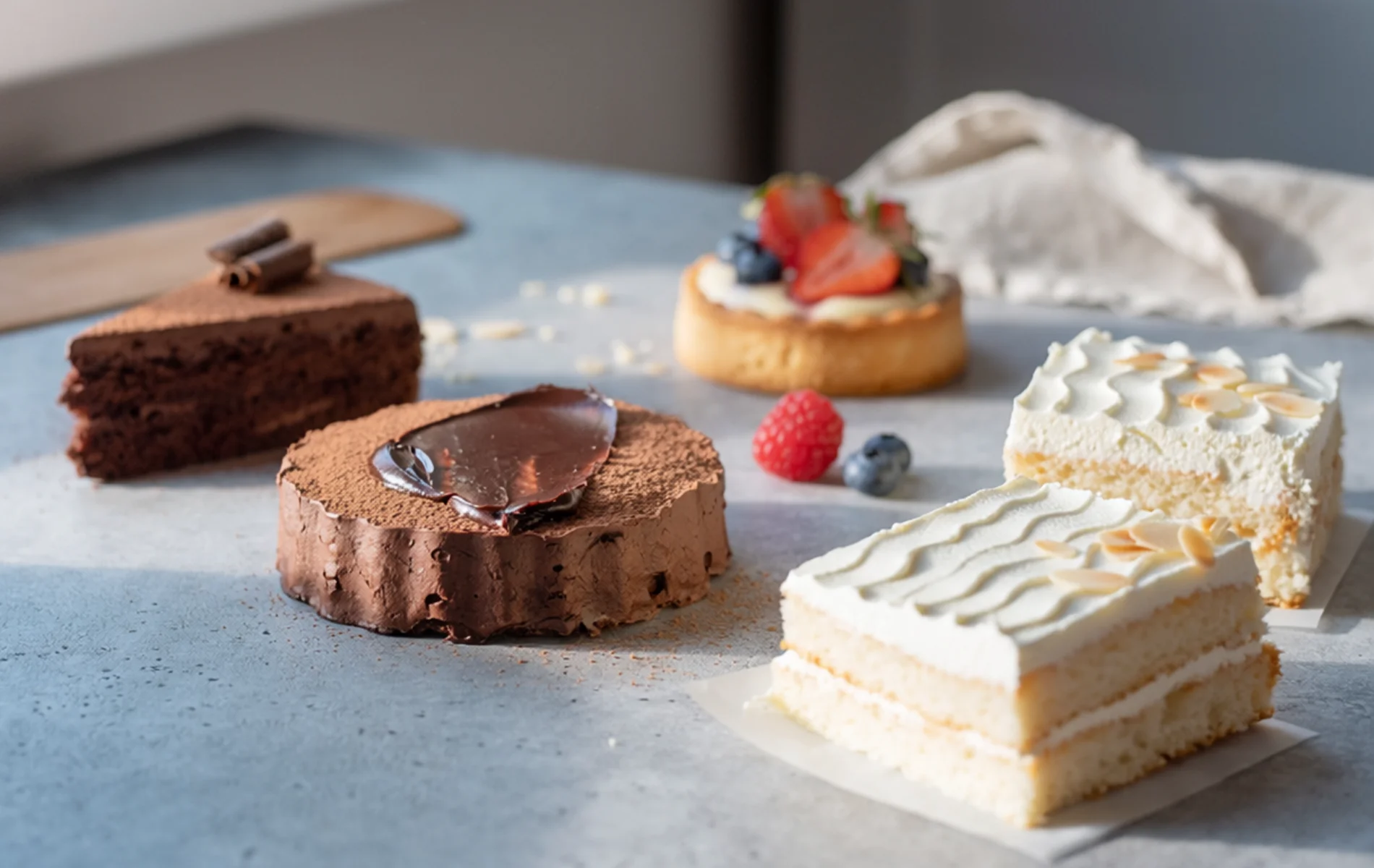 Gâteaux individuels artisanaux, lumière naturelle, textures visibles, style photo culinaire réaliste, ambiance simple.