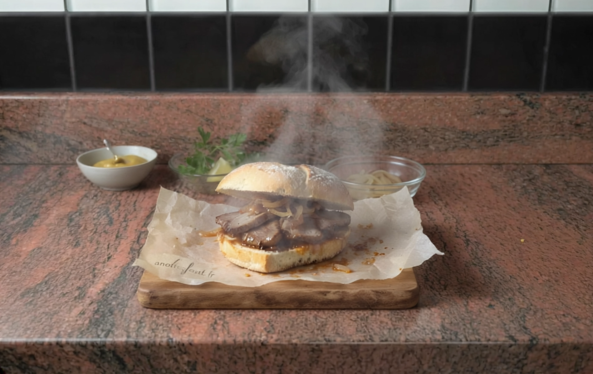 Bifana portugaise garnie de fines tranches de porc juteuses, servie dans un pain blanc l&eacute;g&egrave;rement farin&eacute;e, avec jus de cuisson visible sur papier cuisson pos&eacute; sur une planche en bois.