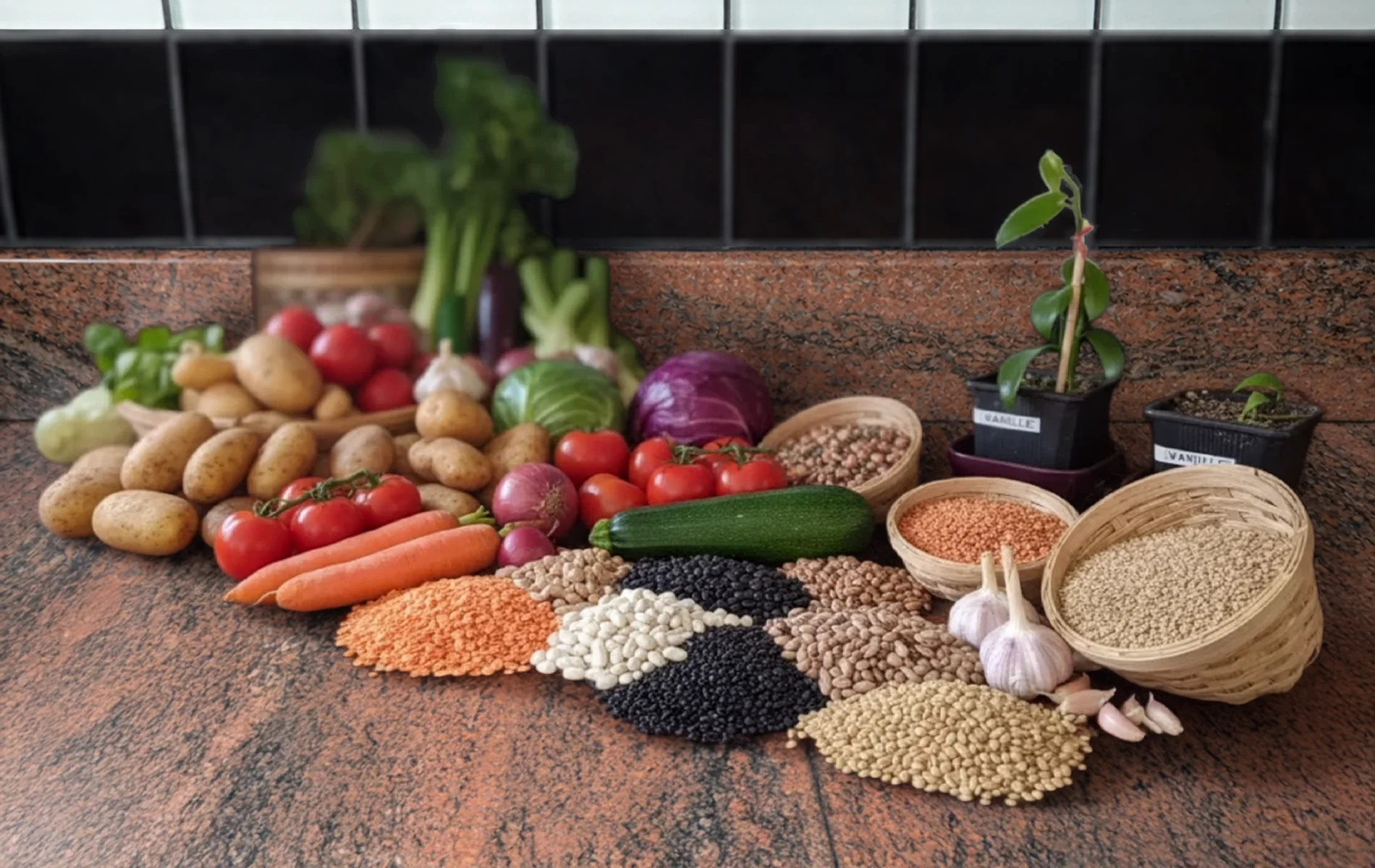 L&eacute;gumes frais et l&eacute;gumineuses vari&eacute;es dispos&eacute;s sur un plan de travail de cuisine.