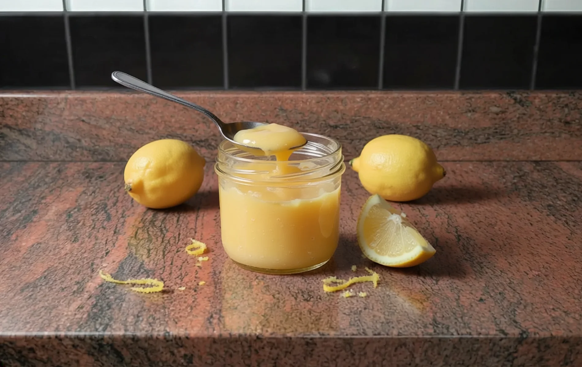 Lemon curd (cr&egrave;me de citron) dans un bocal en verre avec une cuill&egrave;re, accompagn&eacute; de citrons frais sur un plan de travail.